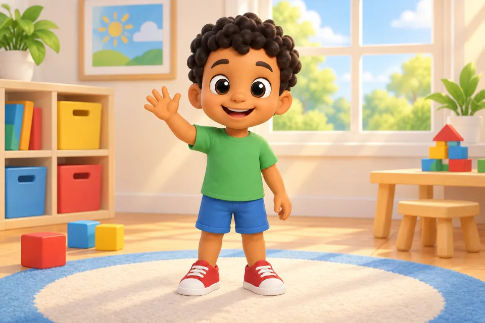 Page 1 of the book Sam: Sam stands in a cozy, sunny playroom and waves hello at the viewer with a big smile.