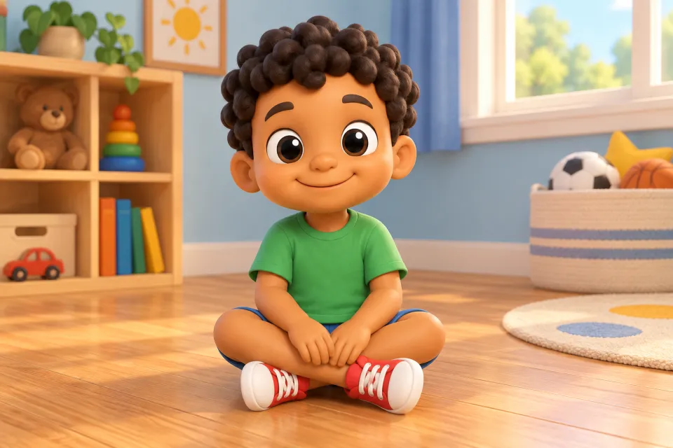 Page 2 of the book Sam: Sam sits down on the wooden floor of the same cozy playroom, legs crossed, smiling.