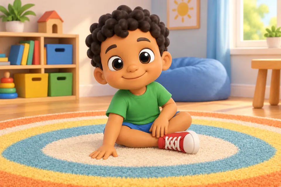 Page 3 of the book Sam: Sam sits on a big round, soft, striped rug in the cozy playroom, patting the rug happily.