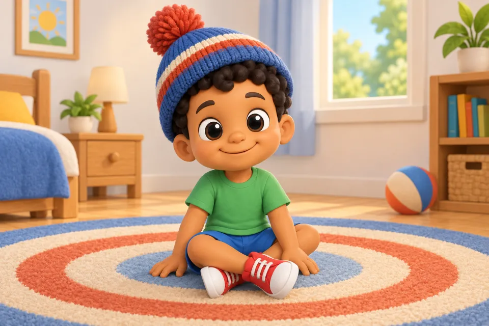 Page 4 of the book Sam: Sam sits on the big round striped rug wearing a floppy knitted wool cap with a big pompom on top, grinning proudly.
