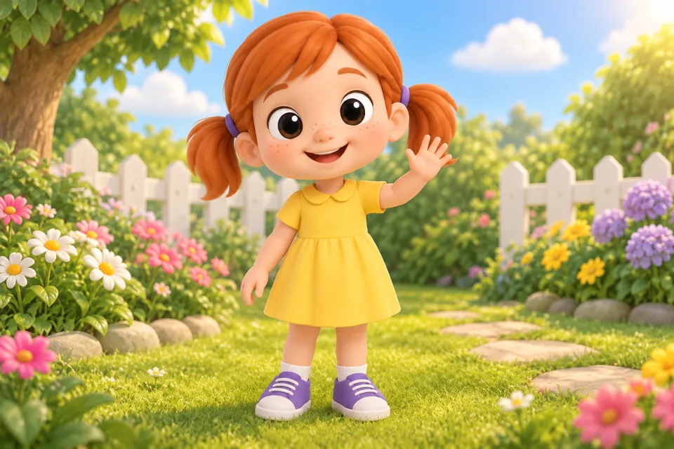 Page 1 of the book Tap, Tap!: Pam stands in a sunny garden with flowers and waves hello at the viewer with a big smile.