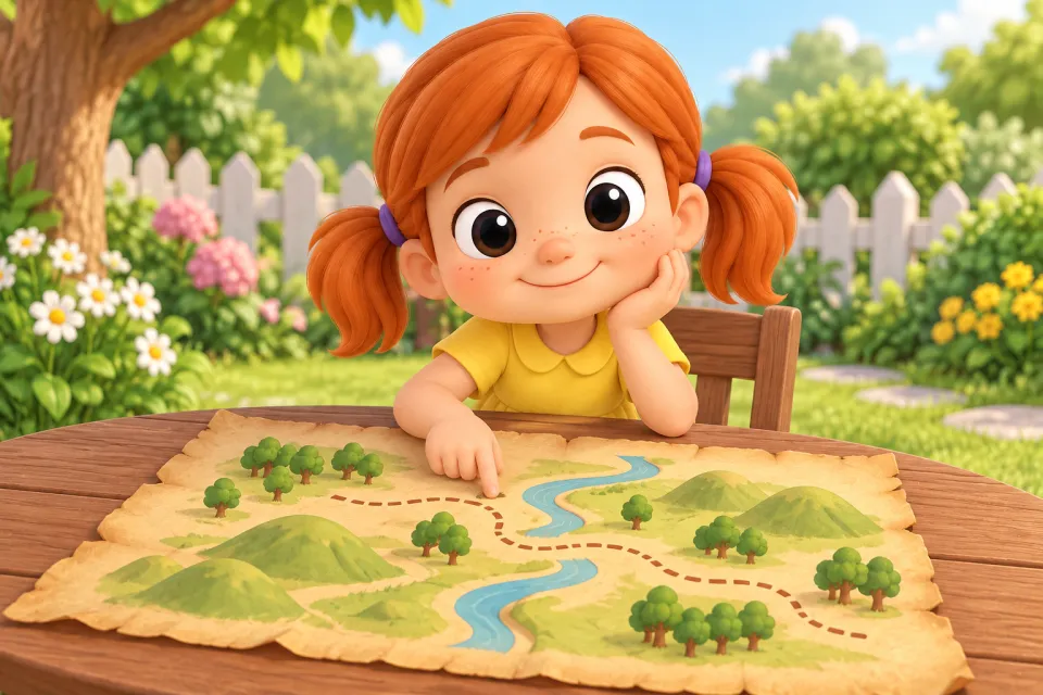 Page 2 of the book Tap, Tap!: Pam sits at a low wooden garden table with a big old paper treasure map spread on it (the map shows only hills, trees, a river and a dotted path, no writing).