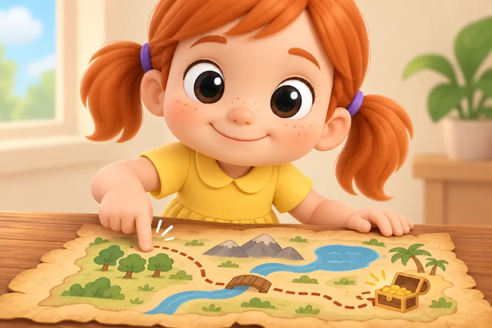 Page 3 of the book Tap, Tap!: Close-up of Pam happily tapping the treasure map on the table with her finger, three little motion lines by her finger.
