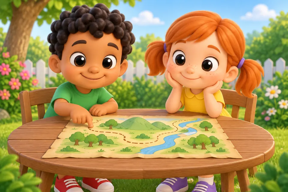 Page 4 of the book Tap, Tap!: Sam and Pam sit side by side at the low garden table with the treasure map, both smiling. The map has NO X mark, NO compass rose and NO letters: only hills, trees, a river and a dotted path.