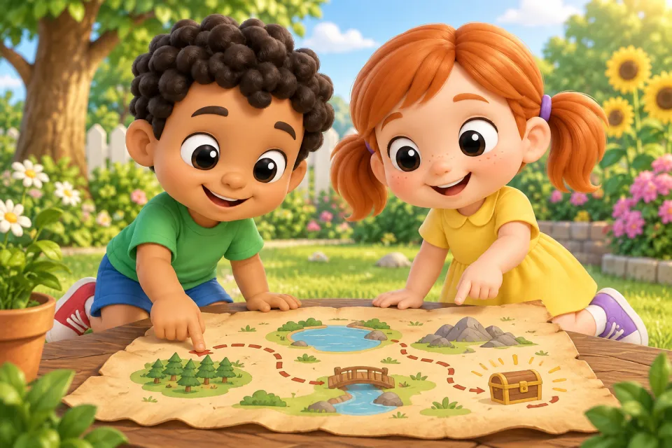 Page 5 of the book Tap, Tap!: Sam taps the treasure map with his finger while Pam points at it excitedly, in the sunny garden.