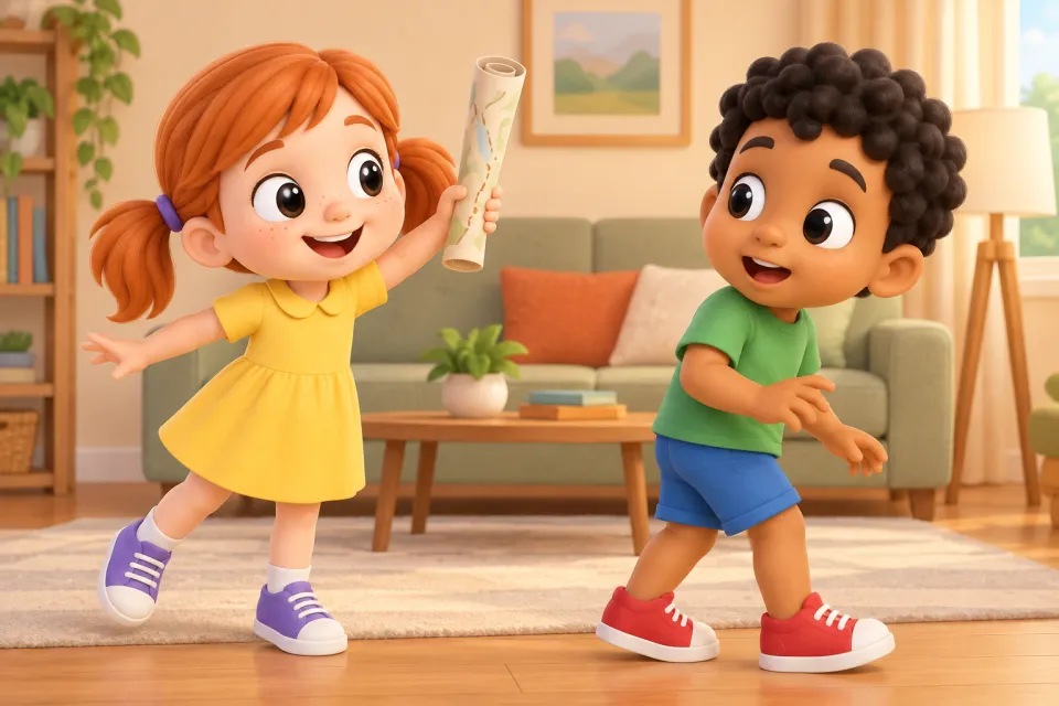 Page 1 of the book A Fat Map: In a cozy living room, Pam holds up a rolled-up paper map and calls happily to Sam, who turns around surprised.