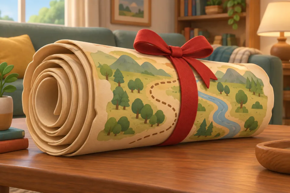 Page 2 of the book A Fat Map: A comically huge, puffy, extra-thick rolled-up paper map lying on a wooden table in a cozy living room, tied with a red ribbon. No characters in this picture. The map has NO X mark, NO compass rose and NO letters: only hills, trees, a river and a dotted path.
