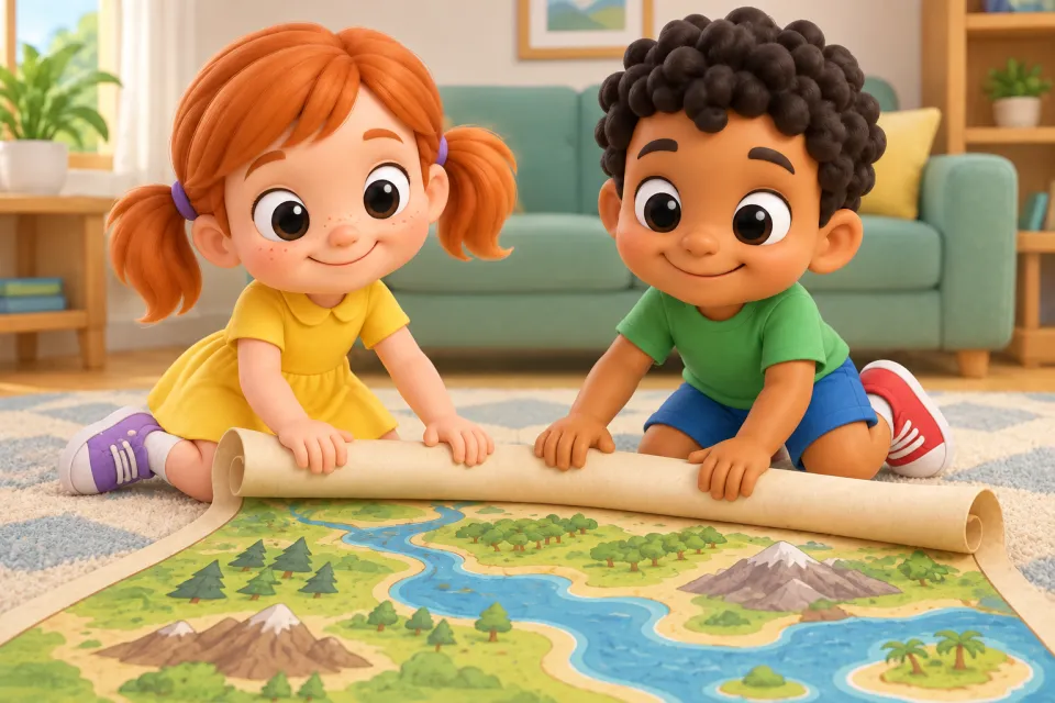 Page 3 of the book A Fat Map: Pam and Sam sit on the living room floor, unrolling the giant thick map together.
