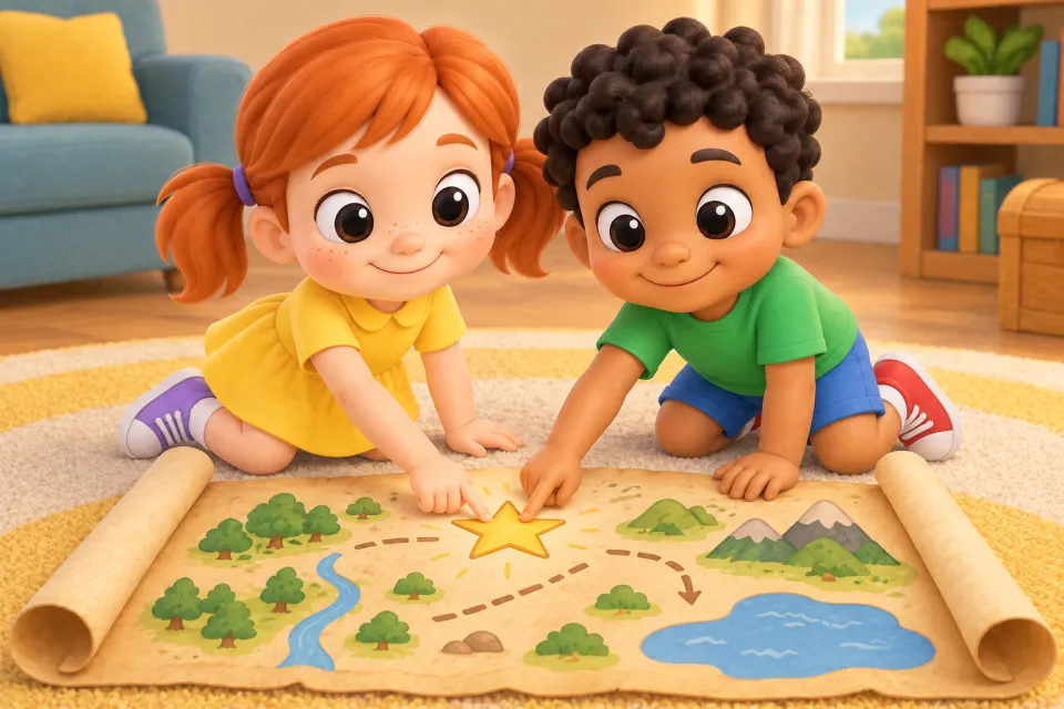 Page 4 of the book A Fat Map: Pam and Sam kneel over the unrolled map on the floor and both tap a big golden star drawn on it (no letters, no X).