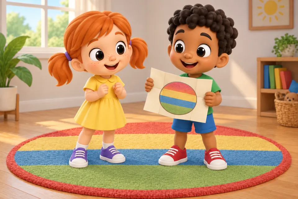 Page 5 of the book A Fat Map: Pam and Sam laugh, standing on a big round striped rug; the map in Sam's hands shows a simple drawing of the same round striped rug.