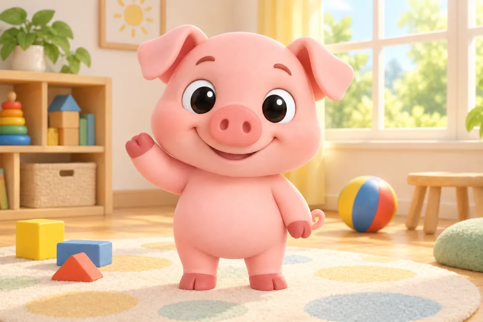 Page 1 of the book Pip: Pip the pig stands in a cozy, sunny playroom and waves hello at the viewer with a big smile.
