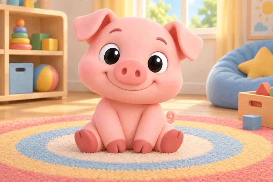 Page 2 of the book Pip: Pip the pig sits on a big round, soft, striped rug in the cozy playroom, looking happy.