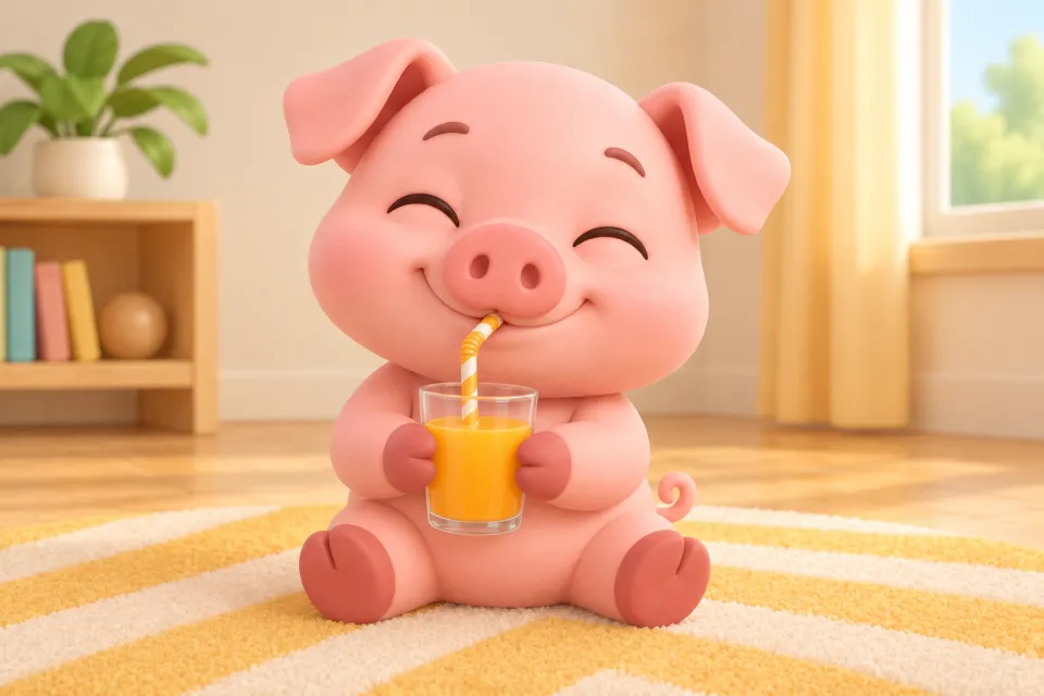 Page 3 of the book Pip: Pip the pig sits on the striped rug sipping orange juice through a bendy straw from a cup, eyes closed with joy.