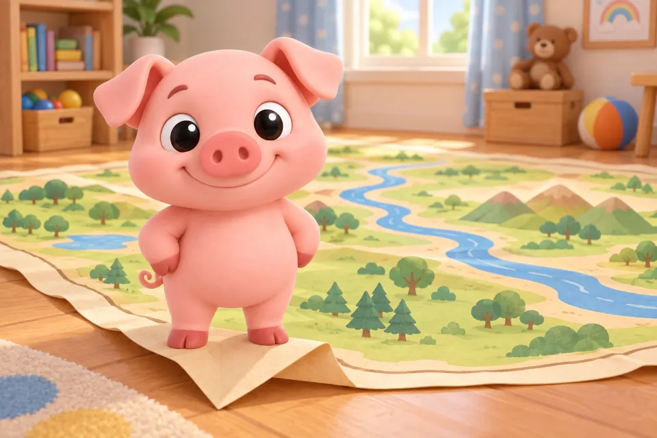 Page 4 of the book Pip: A giant paper map (hills, trees and a river, no writing) is spread across the playroom floor; Pip the pig stands proudly on its pointy corner.