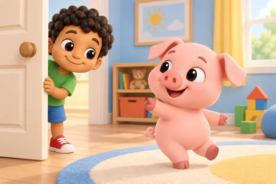 Page 5 of the book Pip: Sam peeks in through the playroom door and Pip the pig turns around, delighted to see him.