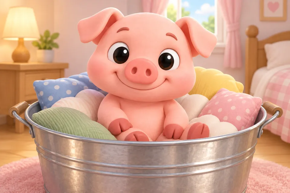 Page 1 of the book Nap, Pip!: Pip the pig sits inside a big round shiny metal washtub filled with soft pillows, in a cozy bedroom.