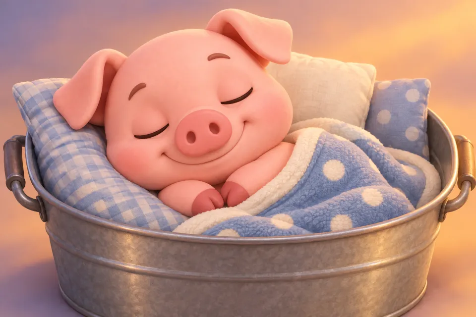 Page 2 of the book Nap, Pip!: Pip the pig is fast asleep in the metal washtub with pillows and a small blanket, a peaceful smile, soft evening light.