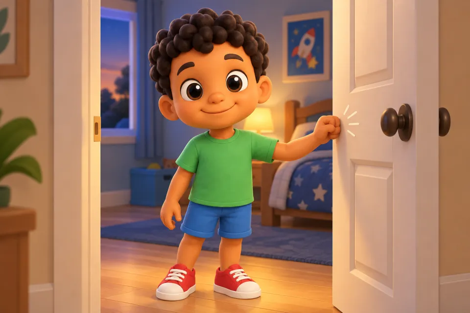 Page 3 of the book Nap, Pip!: Sam gently knocks on the open bedroom door, smiling, in soft evening light.
