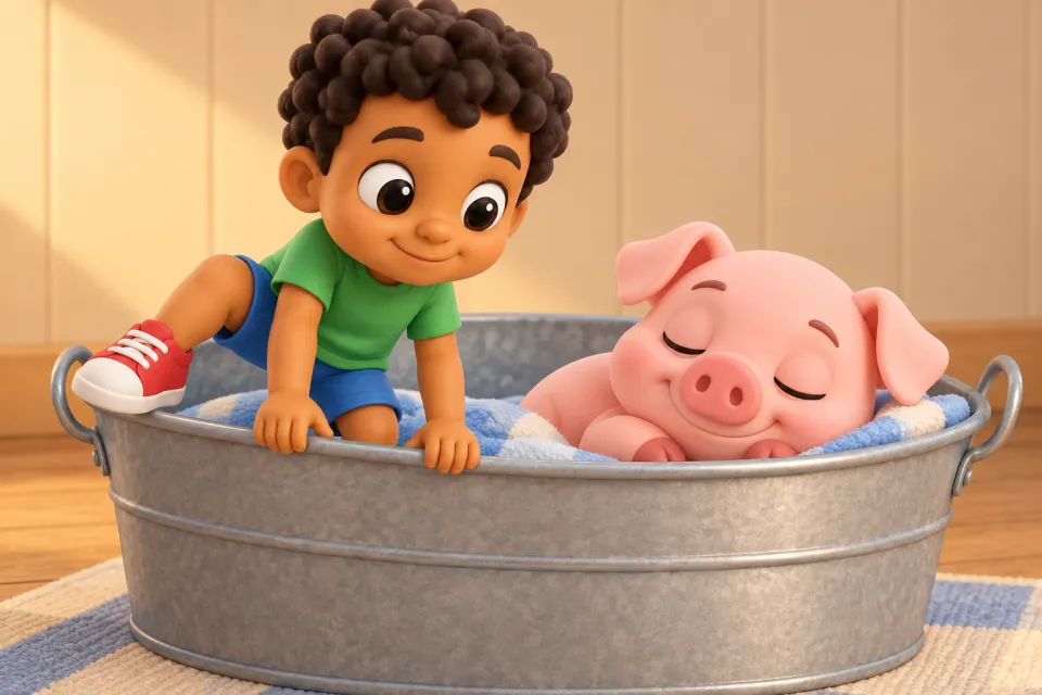 Page 4 of the book Nap, Pip!: Sam climbs into the big metal washtub next to the sleepy Pip the pig, careful and quiet.