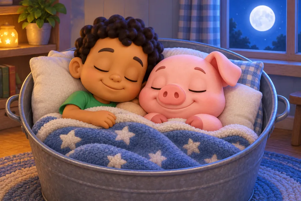 Page 5 of the book Nap, Pip!: Sam and Pip the pig are both fast asleep together in the cozy metal washtub with pillows and a blanket, moonlight through the window.