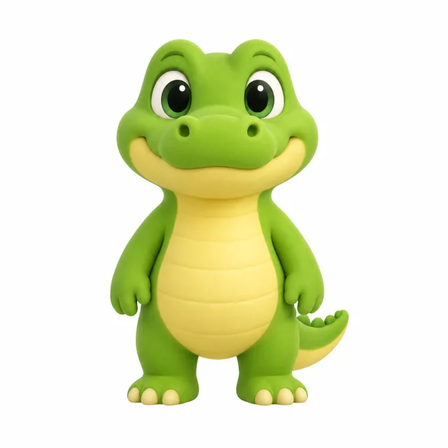 Andy the Alligator, a round green alligator with a pale yellow belly, standing and smiling.