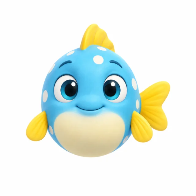 Finn the Fish, a round blue fish with white spots and yellow fins.