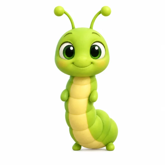 Izzy the Inchworm, a green inchworm with two antennas, standing tall.
