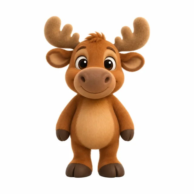 Milo the Moose, a friendly brown moose with soft antlers.