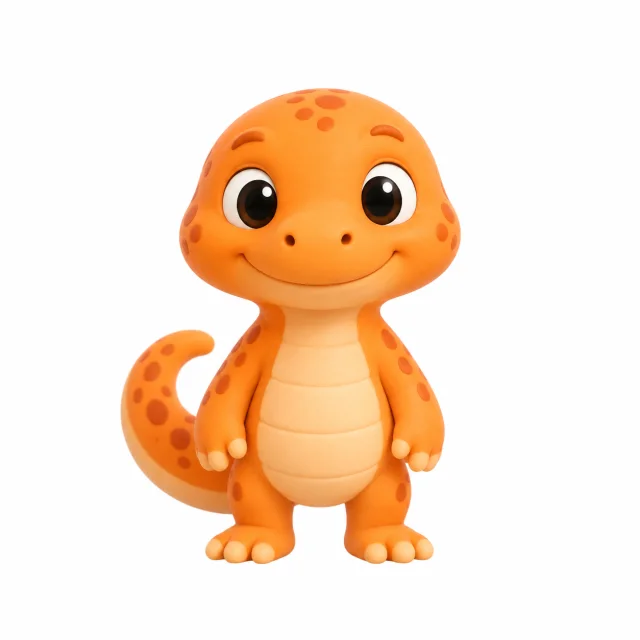 Ned the Newt, an orange newt with darker orange spots, standing and smiling.