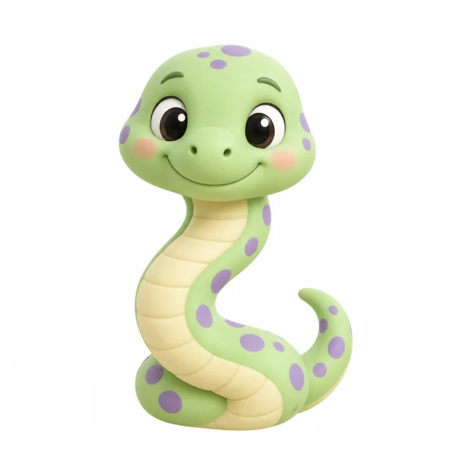 Sally the Snake, a light green snake with lilac spots, curled up and smiling.