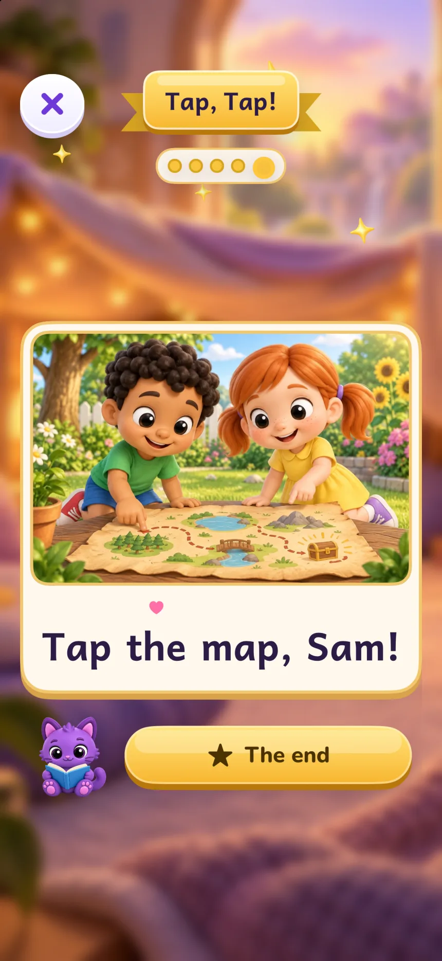 The same page with the curtain open: Sam and Pam tapping a big map on the floor, over the words “Tap the map, Sam!” and a The end button.