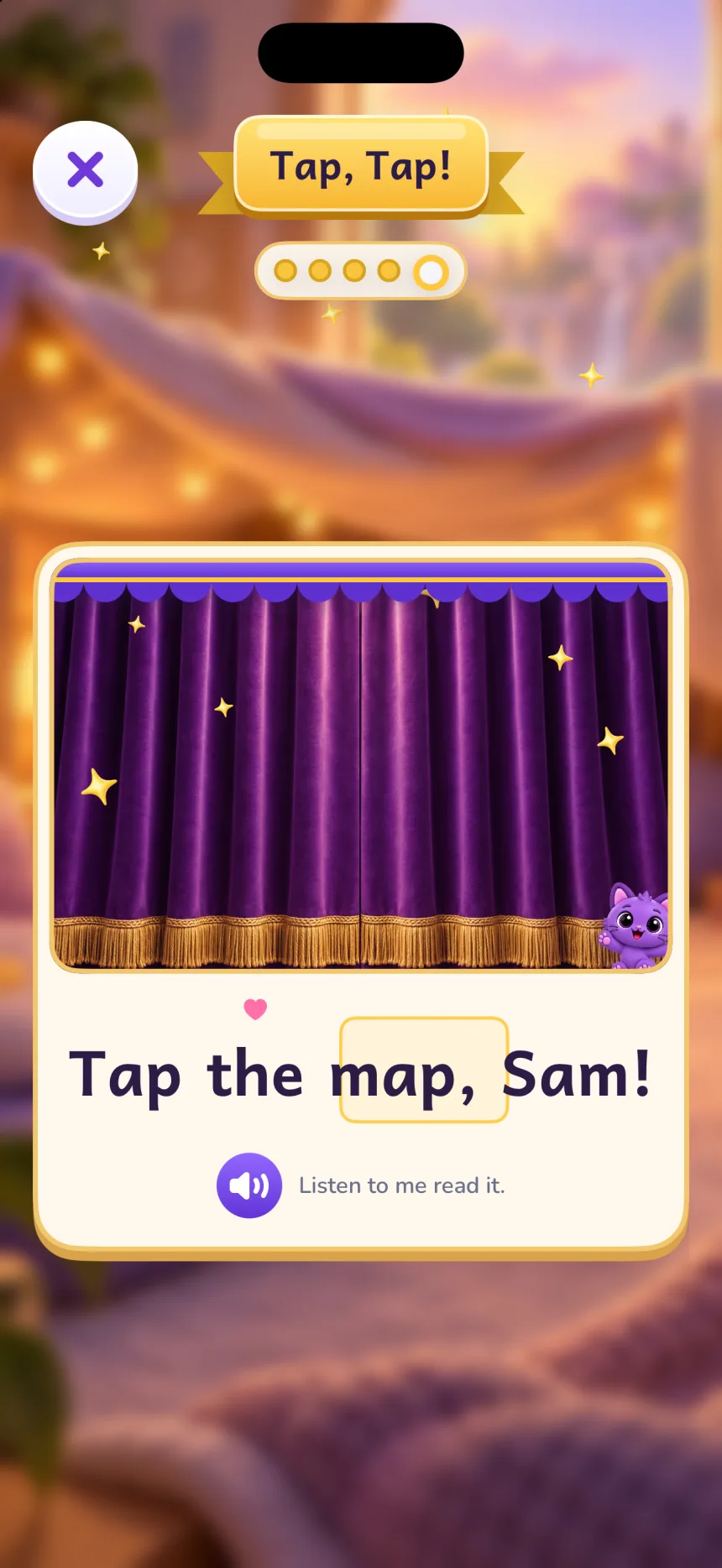 Reading the book Tap, Tap!: a purple curtain covers the picture while the page reads “Tap the map, Sam!”, with the word map highlighted as the teacher reads it.