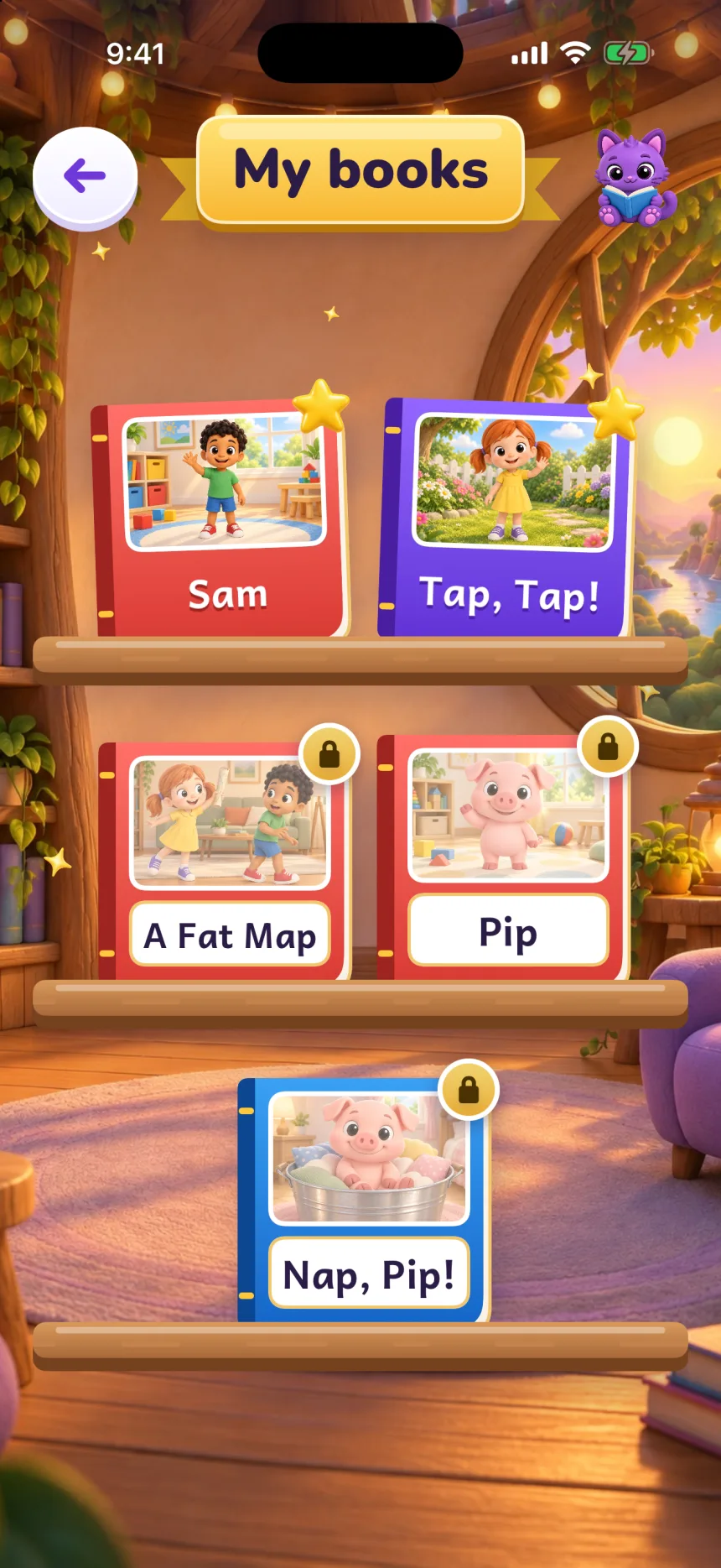 My books: a treehouse library where the books Sam and Tap, Tap! are read and starred, and A Fat Map, Pip and Nap, Pip! still have a lock.