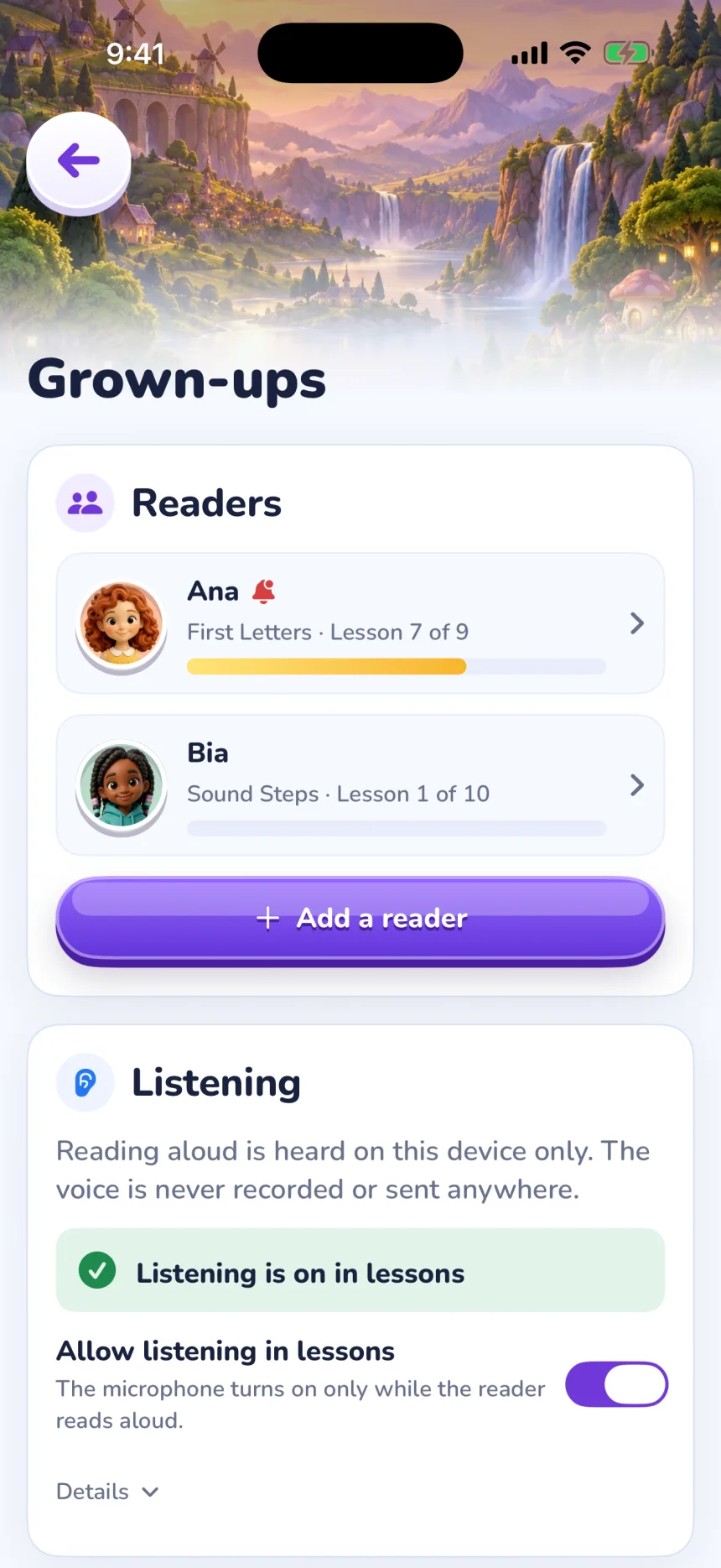 The Grown-ups area: two test readers with their level and lesson, an Add a reader button, and the Listening card: “Reading aloud is heard on this device only. The voice is never recorded or sent anywhere.”, with Allow listening in lessons switched on.