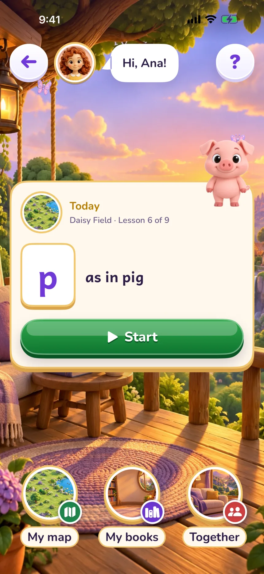 The reader's home screen: a treehouse porch at sunset, “Hi, Ana!”, today's lesson card with the letter p “as in pig” and a green Start button, Pip the Pig at the corner, and three doors: My map, My books and Together.