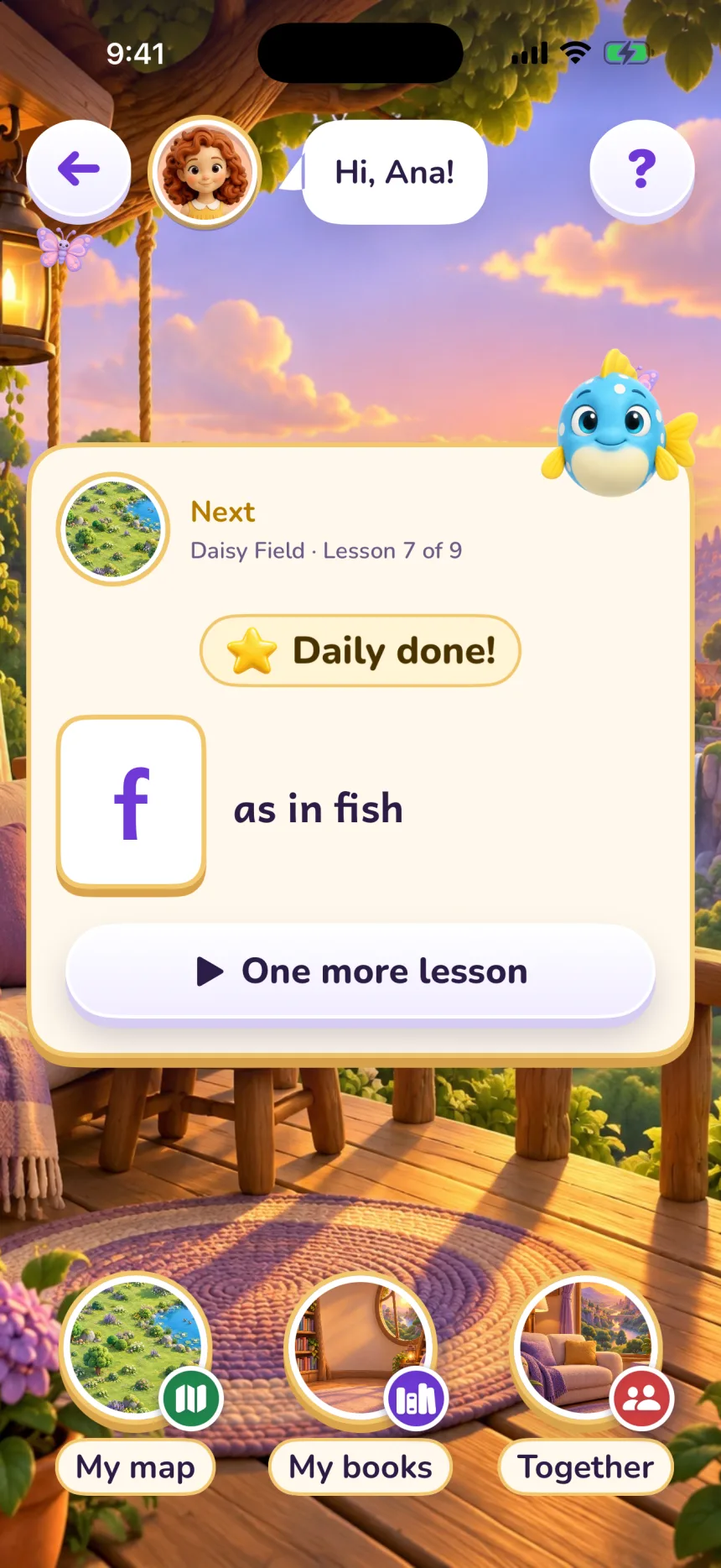 The home screen after the lesson: “Daily done!”, the next lesson, f as in fish, and a One more lesson button.