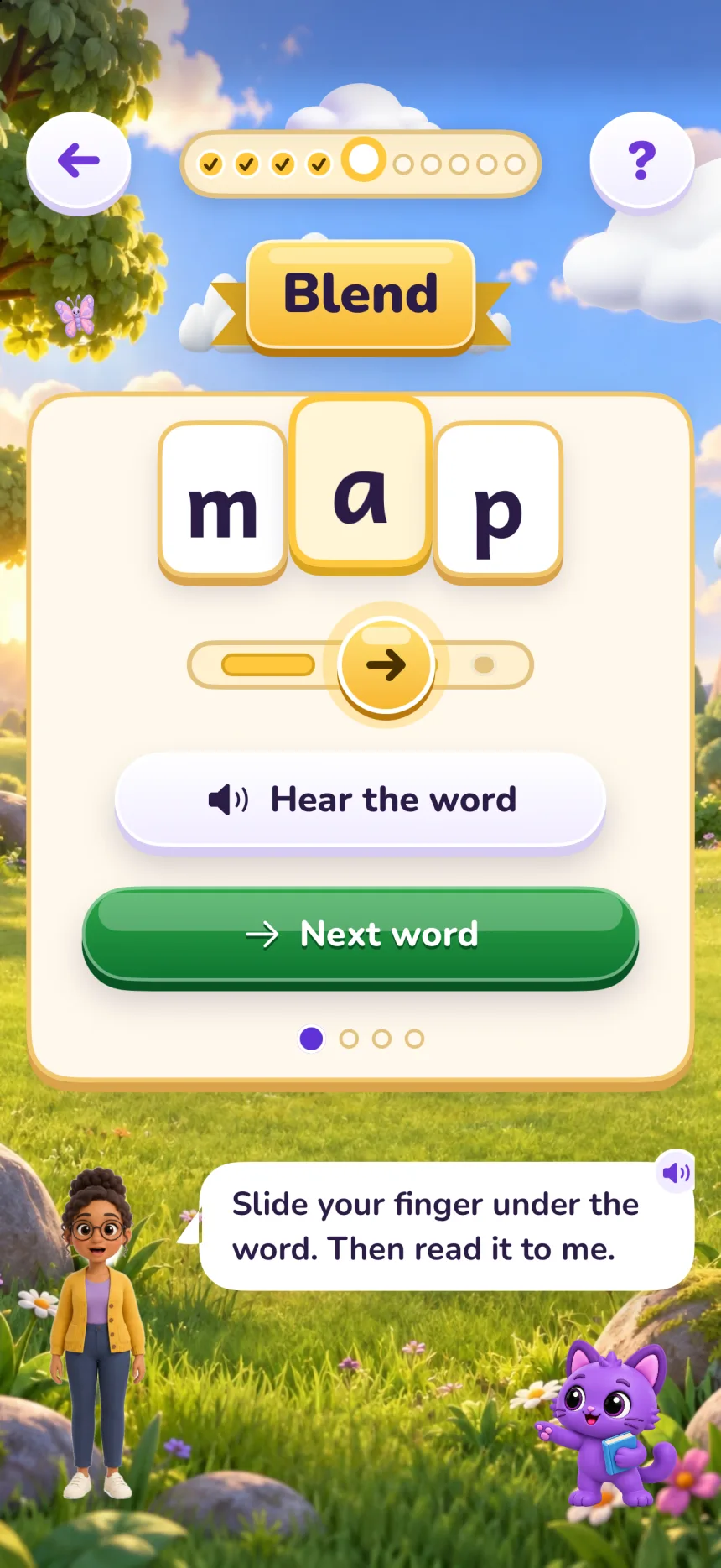 Blend: the word map in three letter tiles, the a lit up as the golden ball slides along the track, Hear the word and Next word buttons, and the teacher saying “Slide your finger under the word. Then read it to me.”