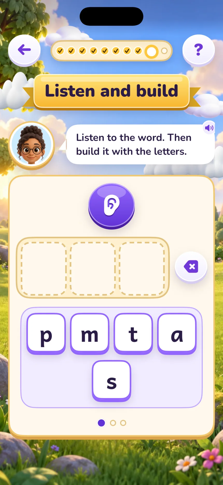 Listen and build: three empty spaces and the letter tiles p, m, t, a and s, with the teacher saying “Listen to the word. Then build it with the letters.”