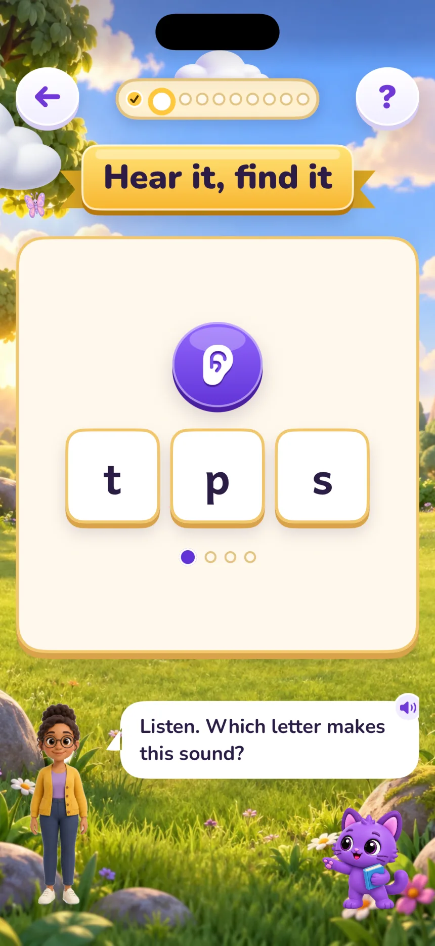 Hear it, find it: the letter tiles t, p and s under a big ear button, and the teacher saying “Listen. Which letter makes this sound?”