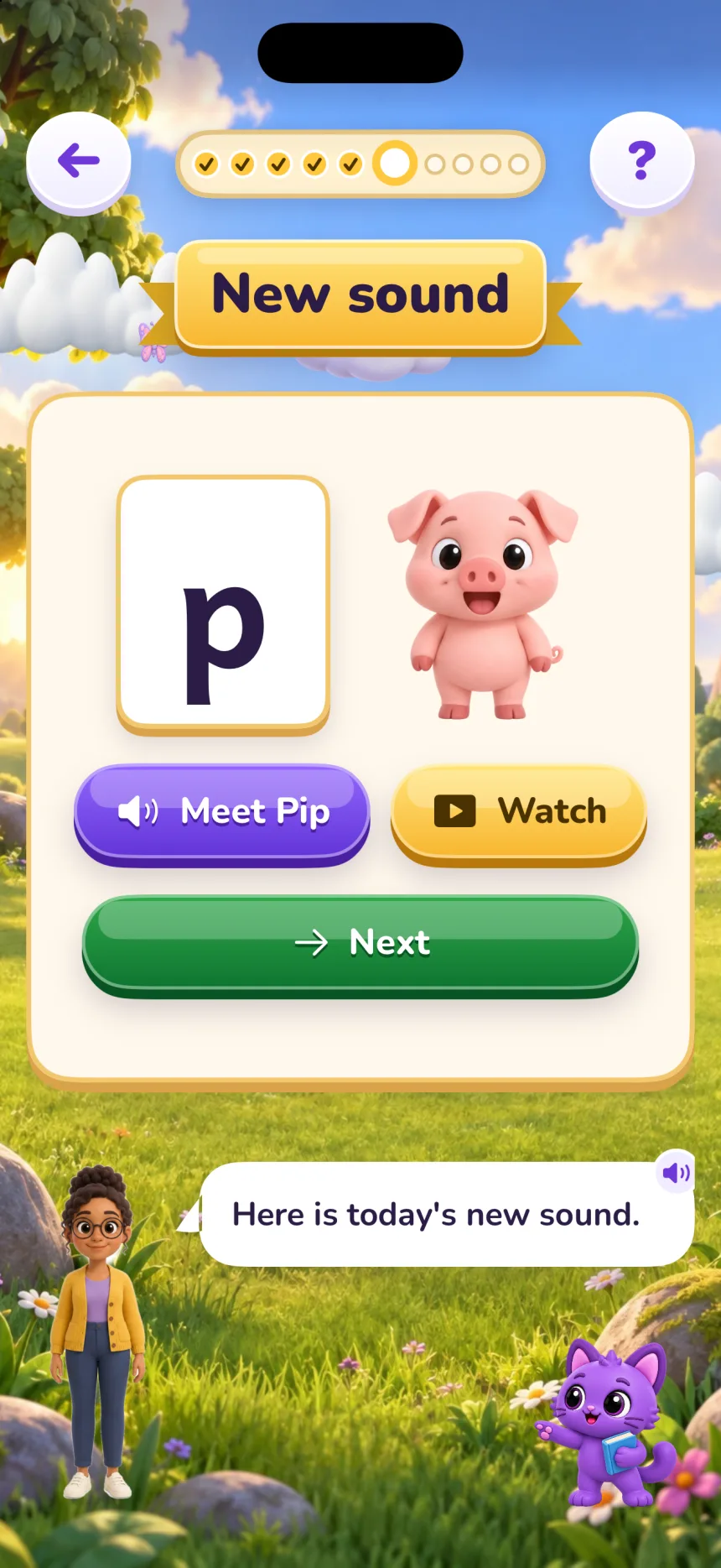 New sound: a big letter tile p next to Pip the Pig, with Meet Pip, Watch and Next buttons, and the teacher saying “Here is today's new sound.”