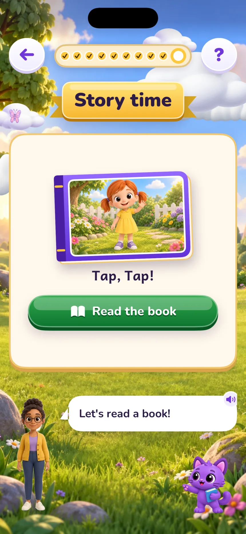 Story time: the cover of the book Tap, Tap! and a Read the book button, with the teacher saying “Let's read a book!”