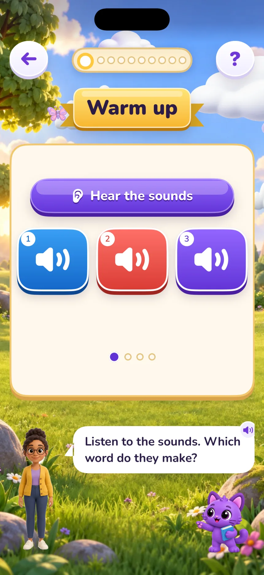 Warm up: three colored sound buttons under Hear the sounds, and the teacher saying “Listen to the sounds. Which word do they make?”