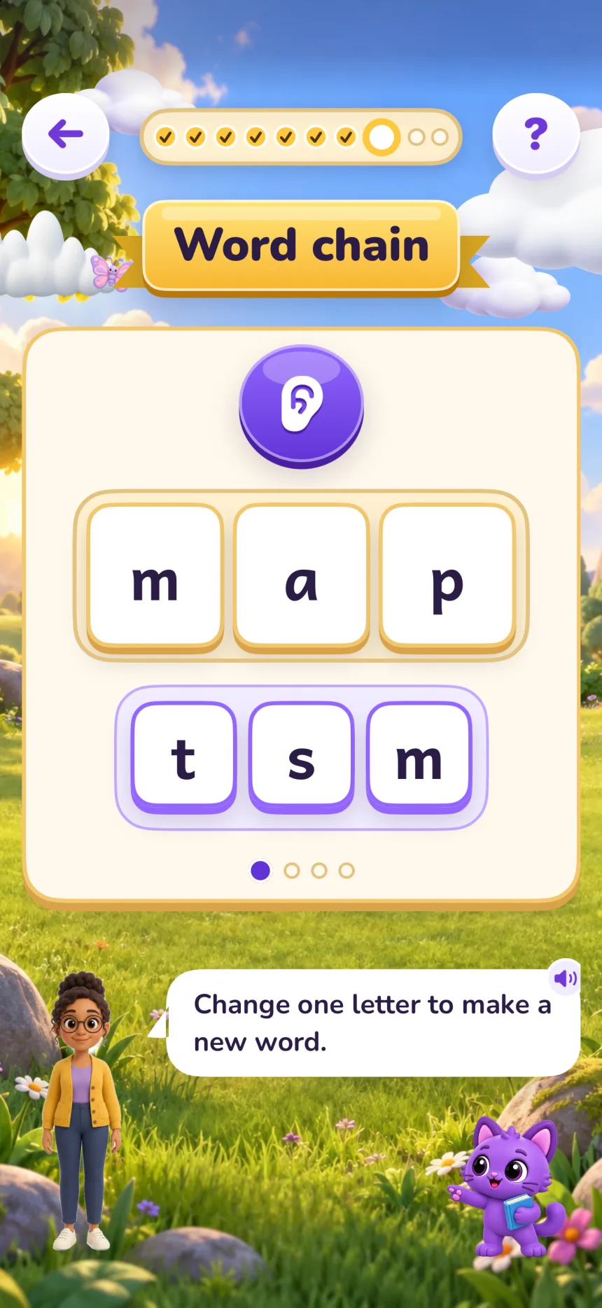 Word chain: the word map built on the track, the letter tiles t, s and m below, and the teacher saying “Change one letter to make a new word.”