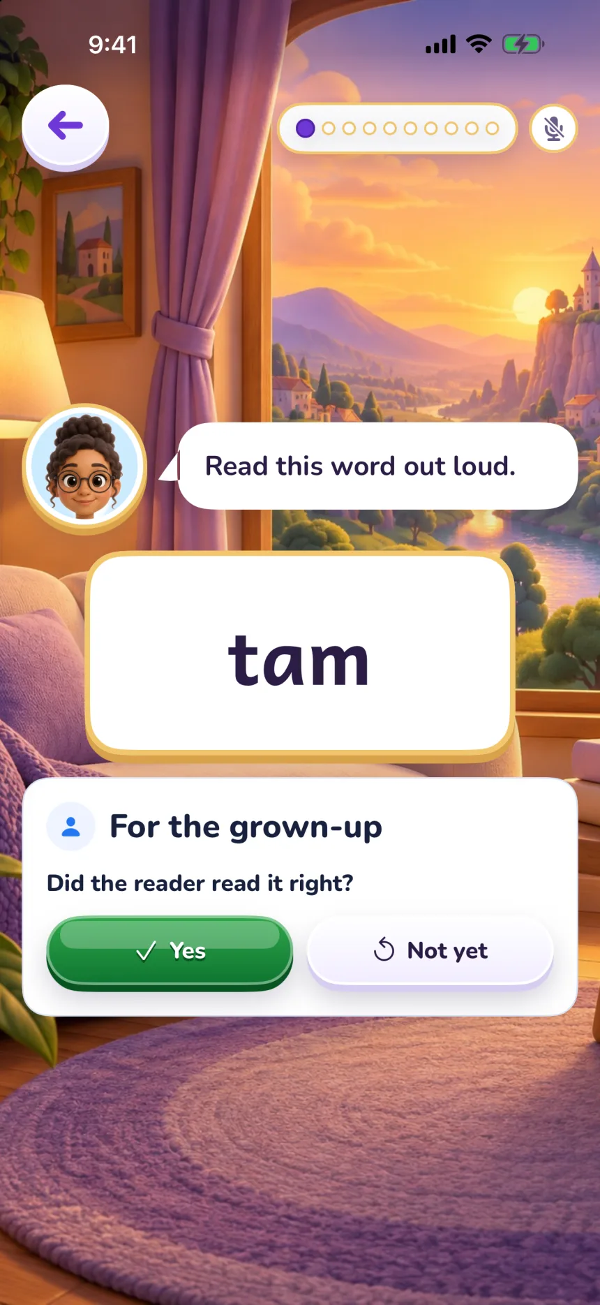 A reading check without listening: the word tam, and a card For the grown-up asking “Did the reader read it right?” with Yes and Not yet.