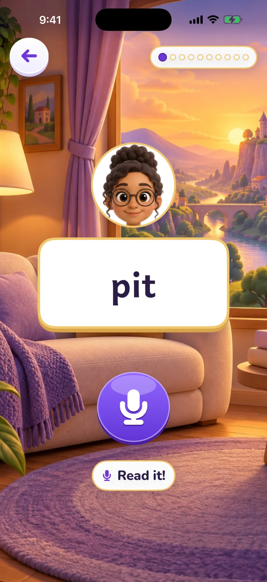 A reading check with listening on: the word pit and a big purple microphone button, Read it!