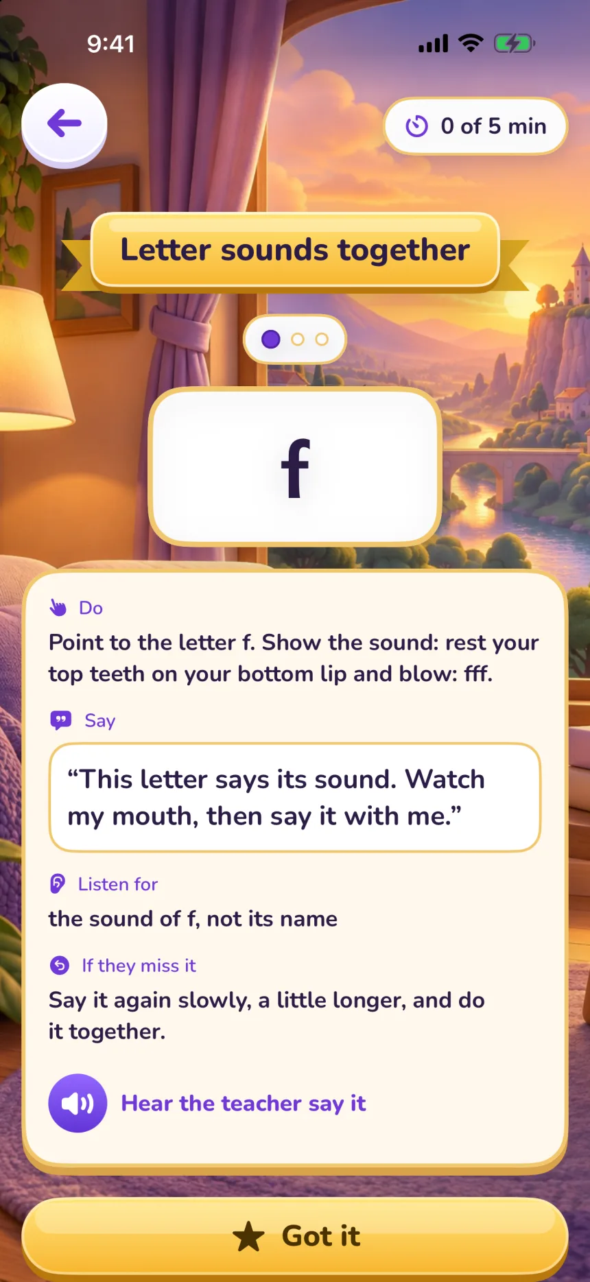 A Teach today's lesson card for the letter f: Do, Say, Listen for and If they miss it, a Hear the teacher say it button, a Got it button, and a small clock that reads 0 of 5 min.