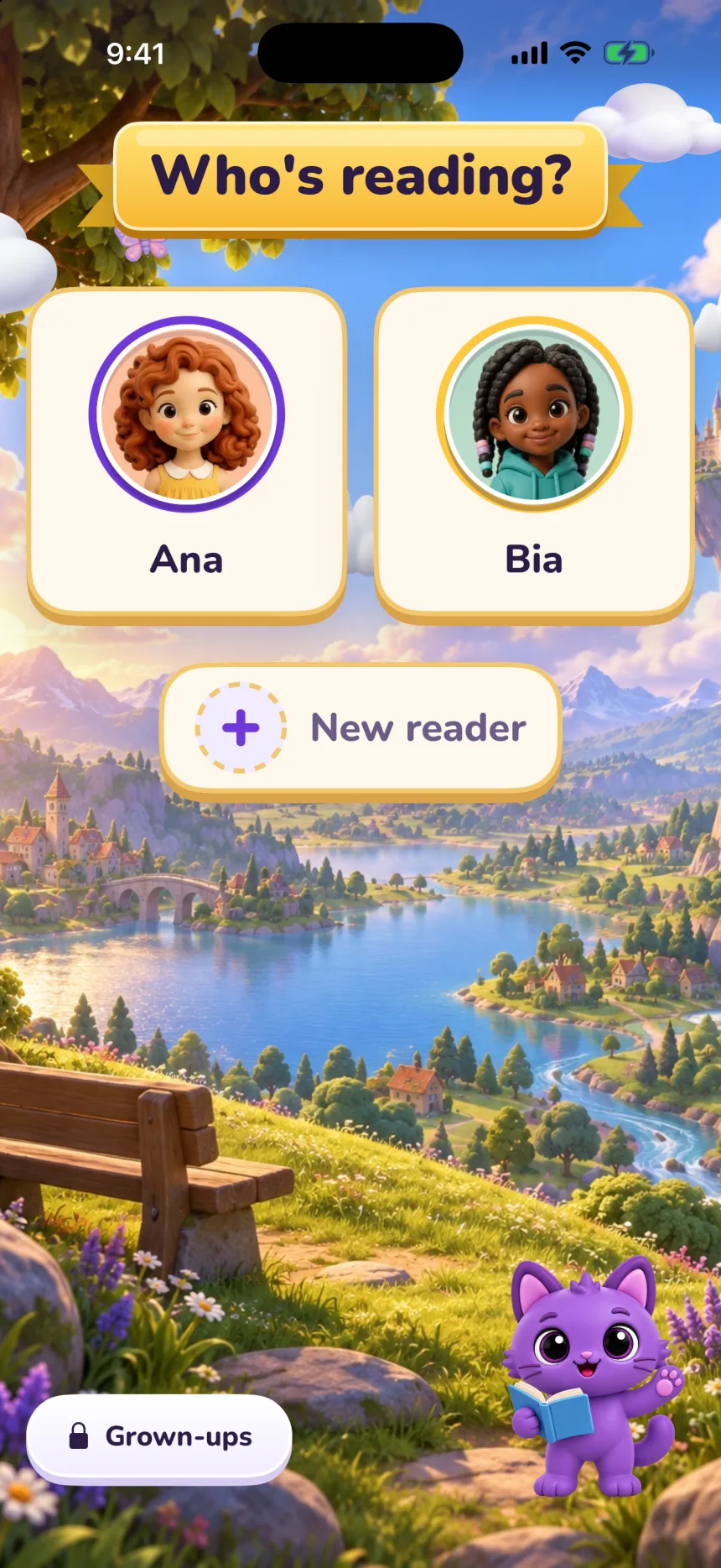 Who's reading?: two reader cards with cartoon pictures for the test readers Ana and Bia, a New reader card and a Grown-ups button with a lock.
